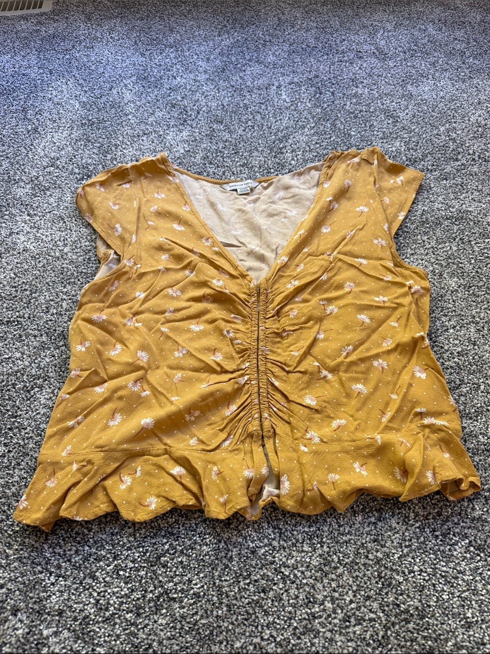 American Eagle Outfitters Mustard Floral Ruched V-Neck Top